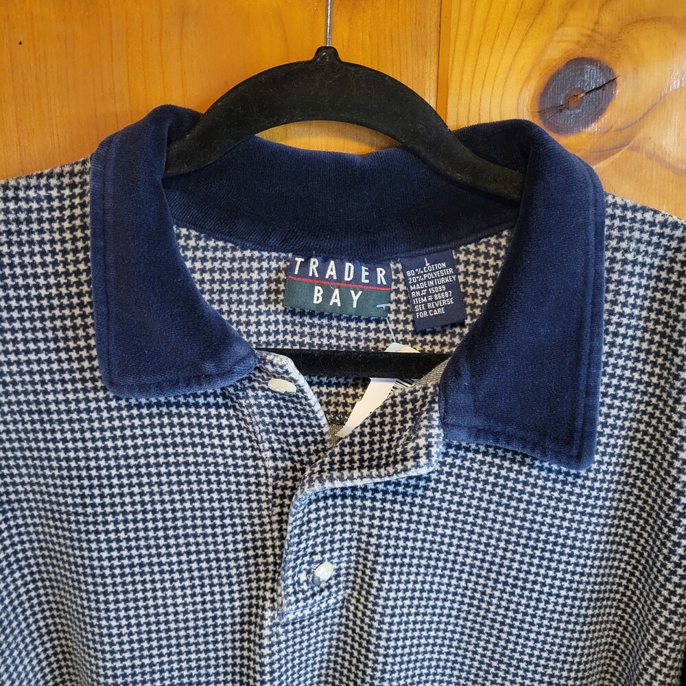 Vintage 90s Trader Bay Houndstooth Shirt Blue Cotton Polyester Made in Turkey